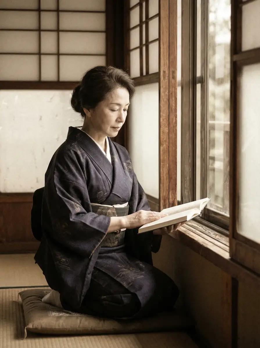 一位优雅的五十岁 真实小王子-真实小王子短视频官方入口|极品真实小王子最新更新 身穿深蓝色和服，在窗边静读