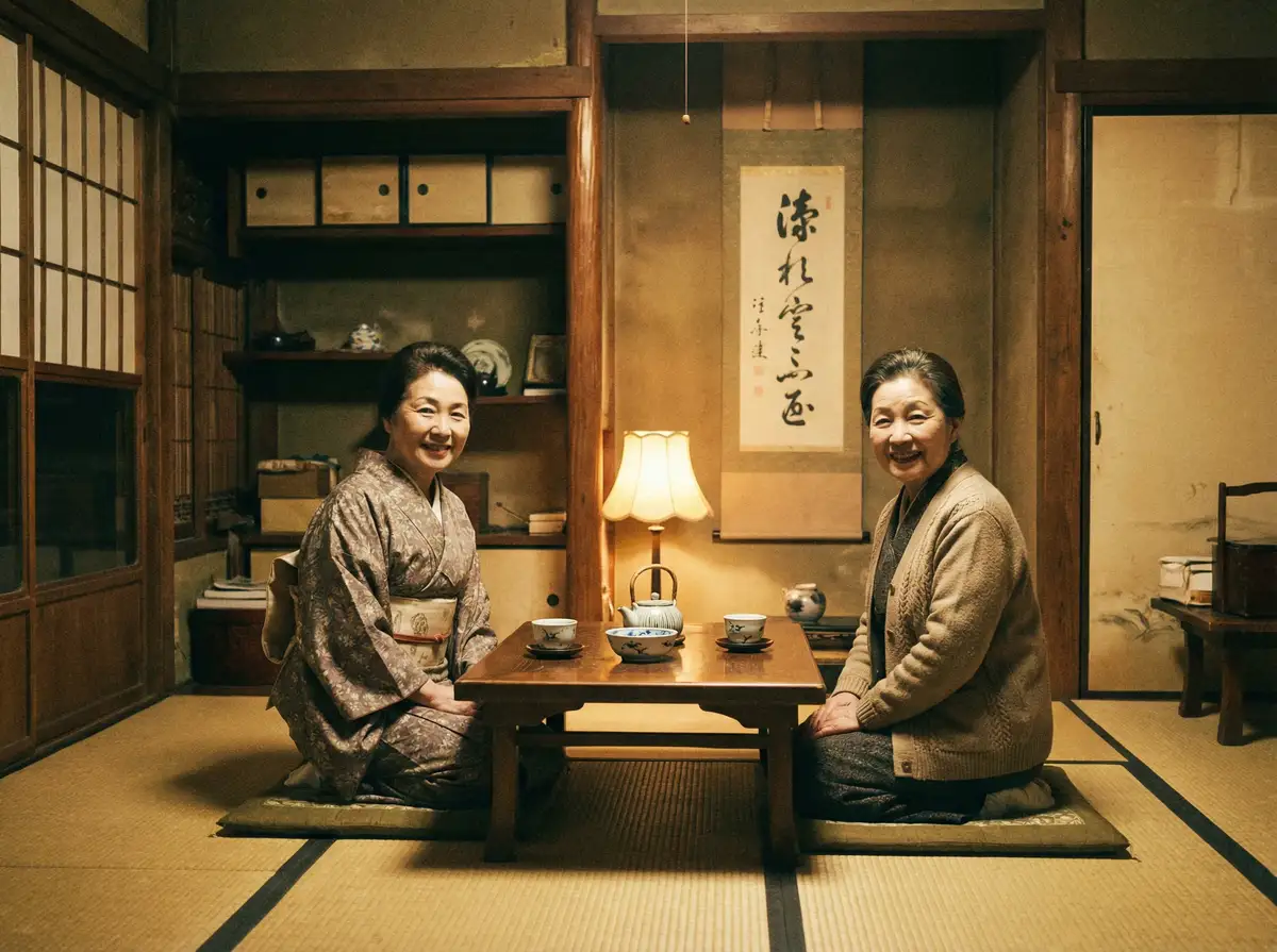 两位优雅的 真实小王子-真实小王子短视频官方入口|极品真实小王子最新更新 在日式茶室中品茶交谈